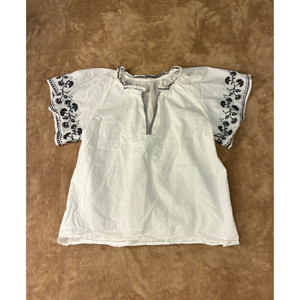Womens Top Boho Peasant Blouse White Embroidered Floral Flutter Sleeve Size Med